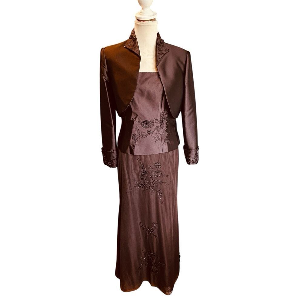 JOVANI Women’s Embellished Silk Blend Brown Bolero Jacket/Tank/Maxi Skirt Sz. 12